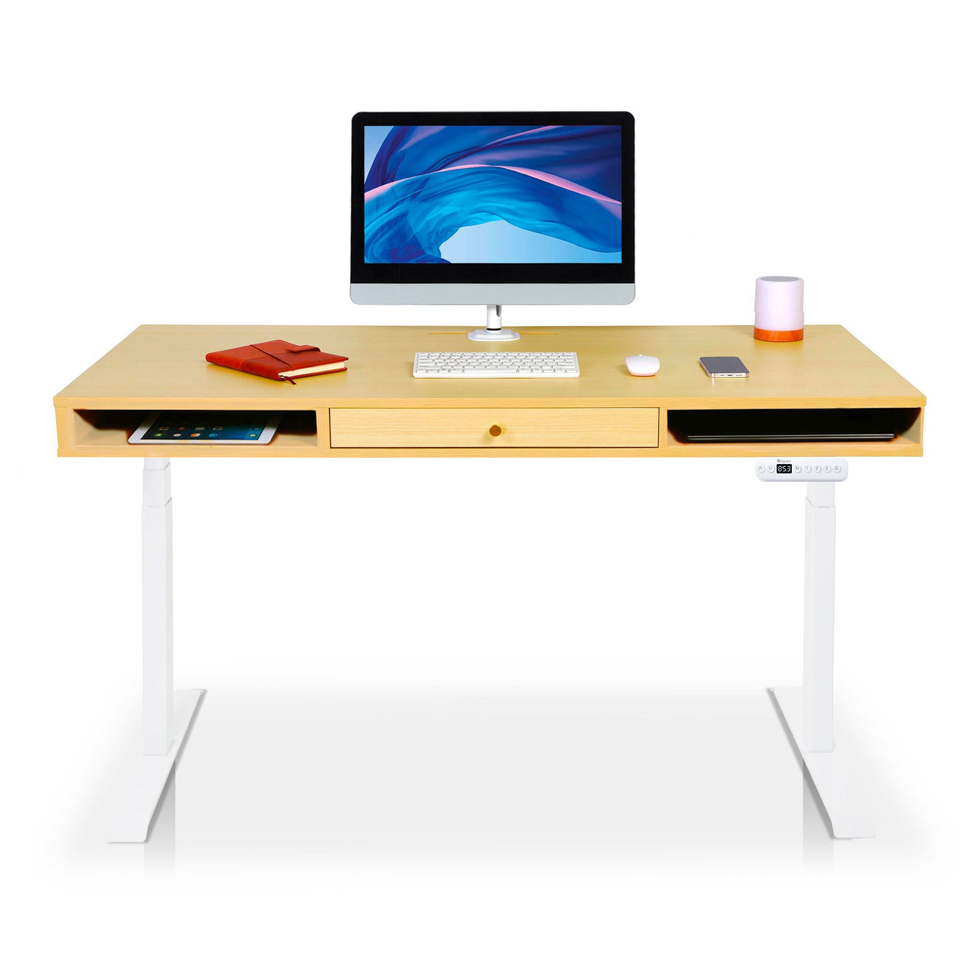 Bureau assis debout Space Dynamic carré KQUEO, 1 tiroir, blanc et chêne