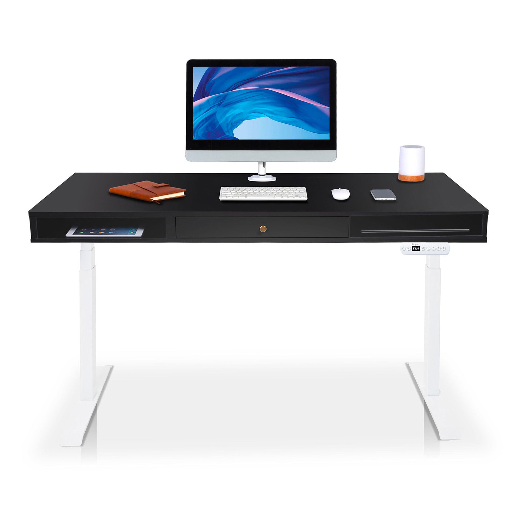 Bureau assis debout Space Dynamic carré KQUEO, 1 tiroir, blanc et noir