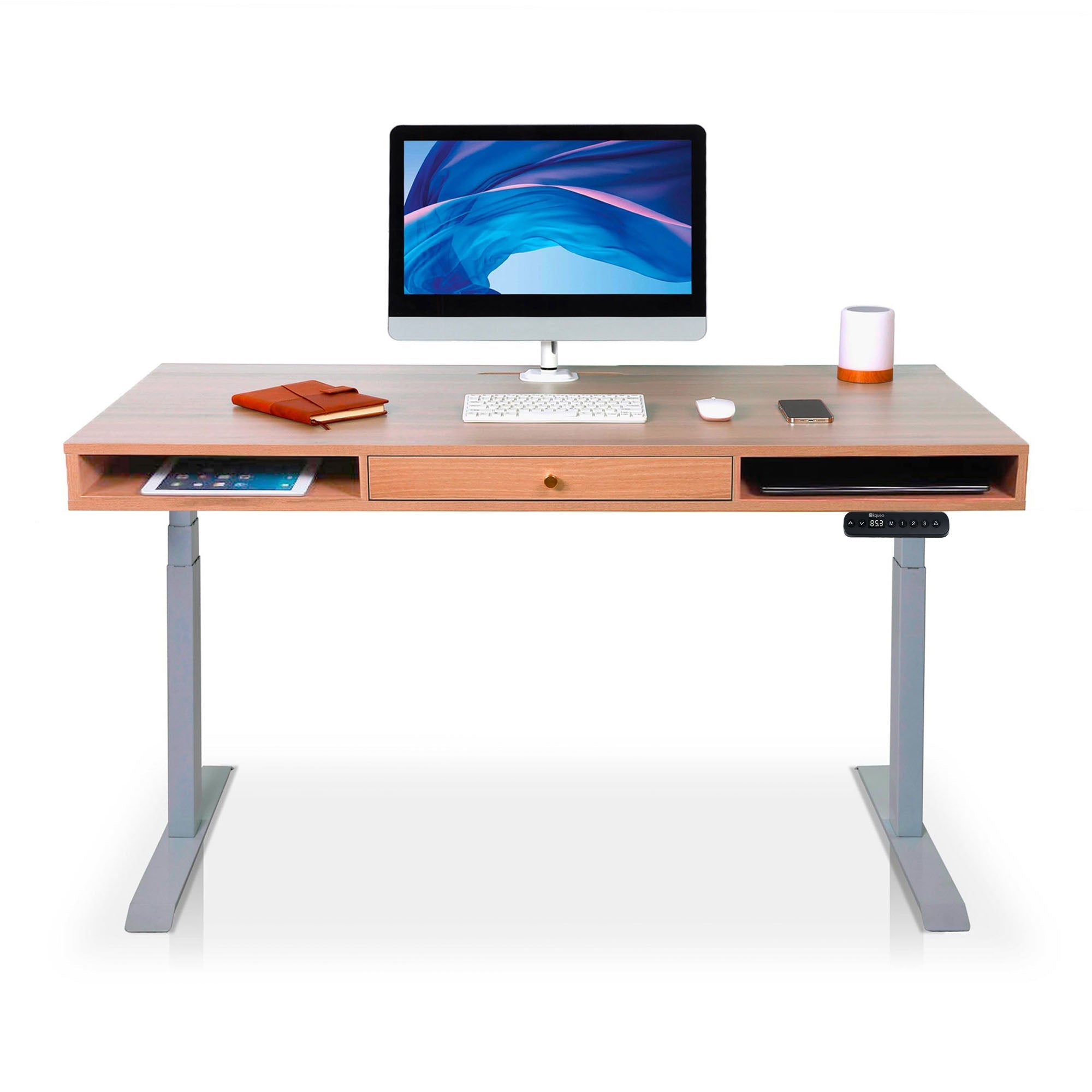 Bureau assis debout Space Dynamic carré KQUEO, 1 tiroir, gris et chêne