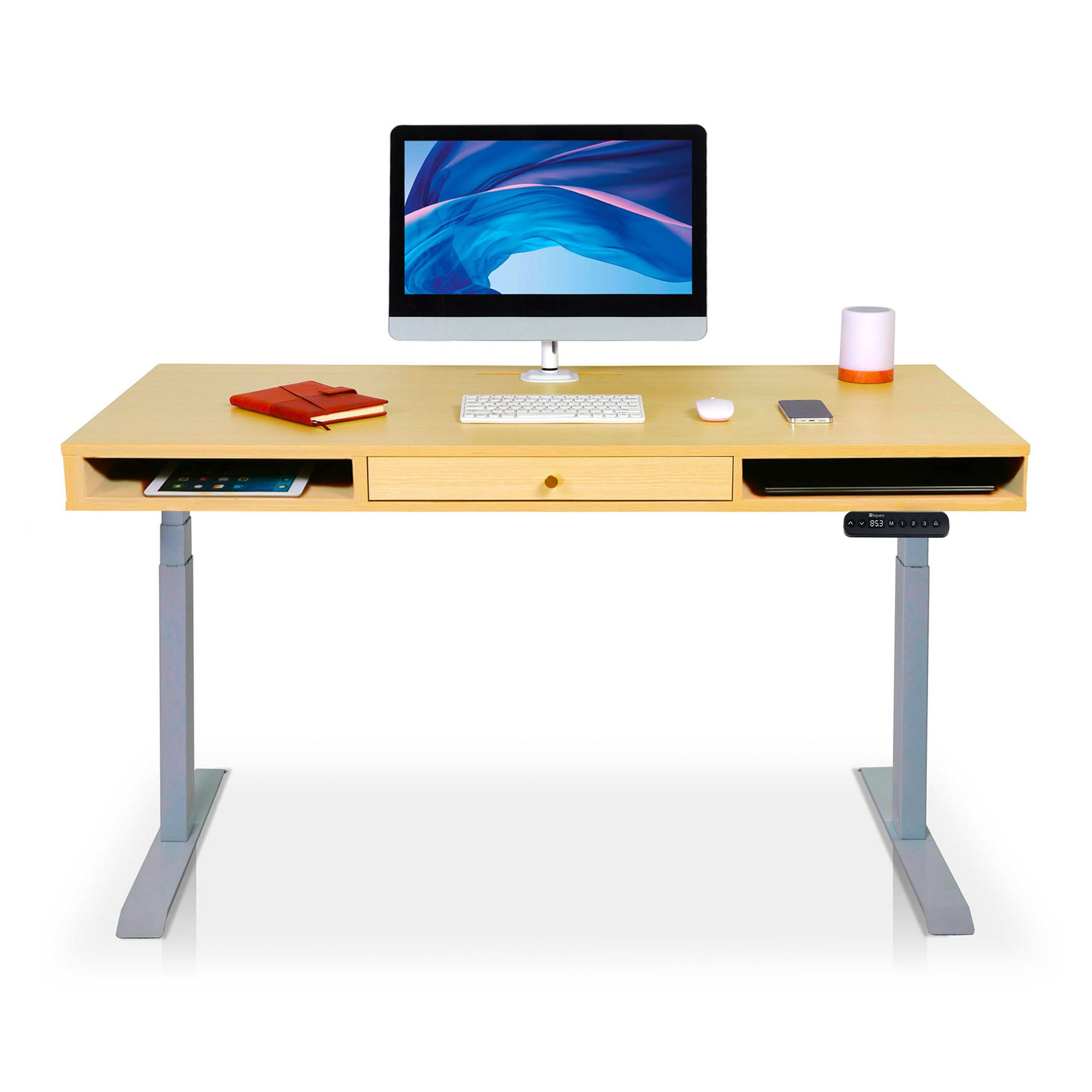 Bureau assis debout Space Dynamic carré KQUEO, 1 tiroir, gris et chêne