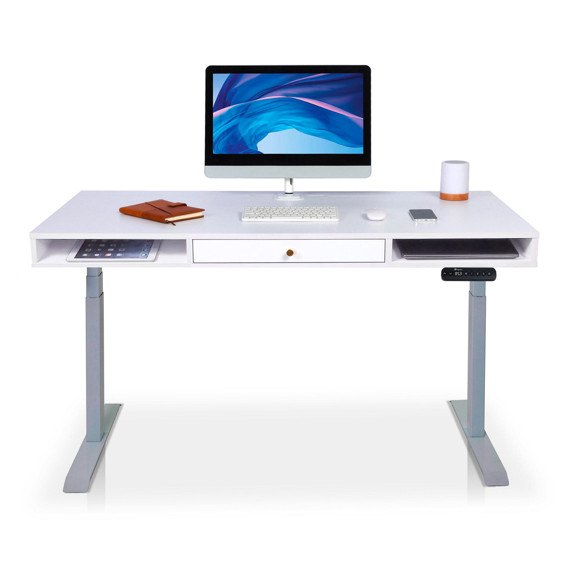 Bureau assis debout Space Dynamic carré KQUEO, 1 tiroir, gris et blanc