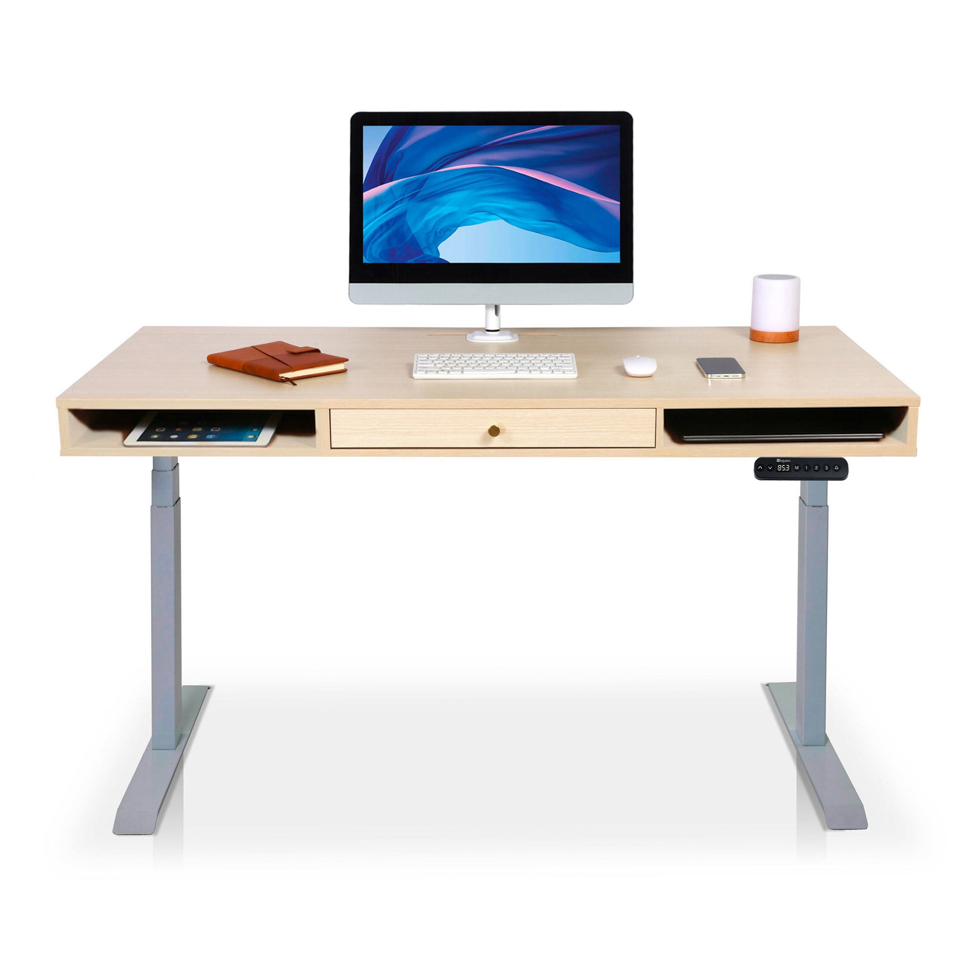 Bureau assis debout Space Dynamic carré KQUEO, 1 tiroir, gris et chêne